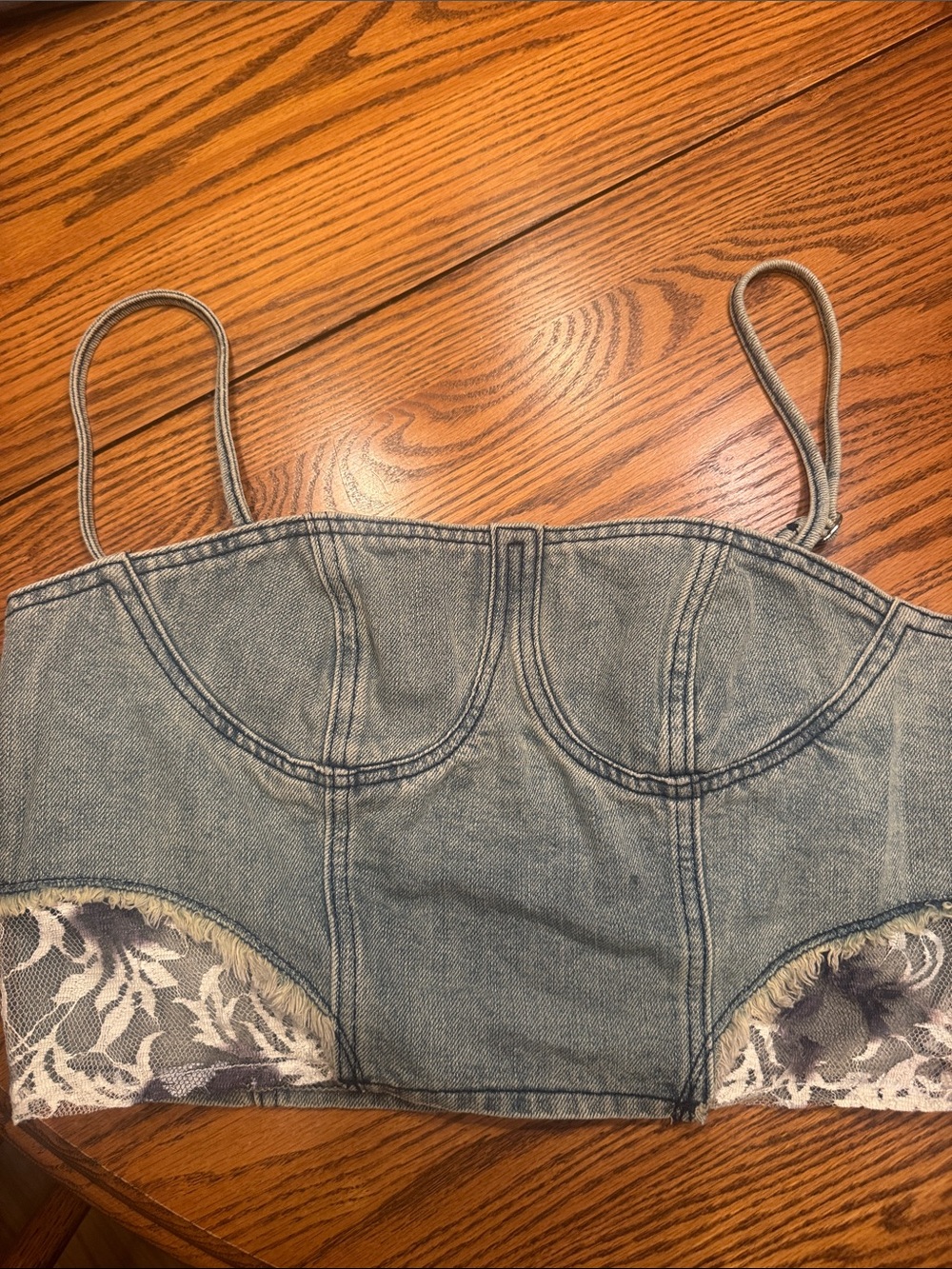 Cider Denim Lace-Trim Bustier Crop Top - Light Blue